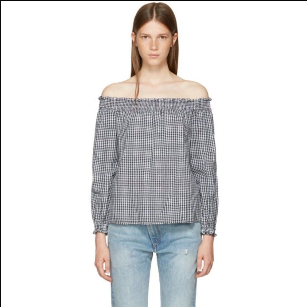 rag & bone Black and White Checkered‎ off the shoulder Blouse, size XS